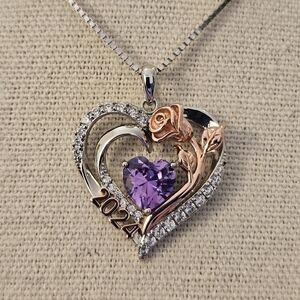 NEW 925 Silver Purple Heart Pendant Necklace Rose Gold N1P73